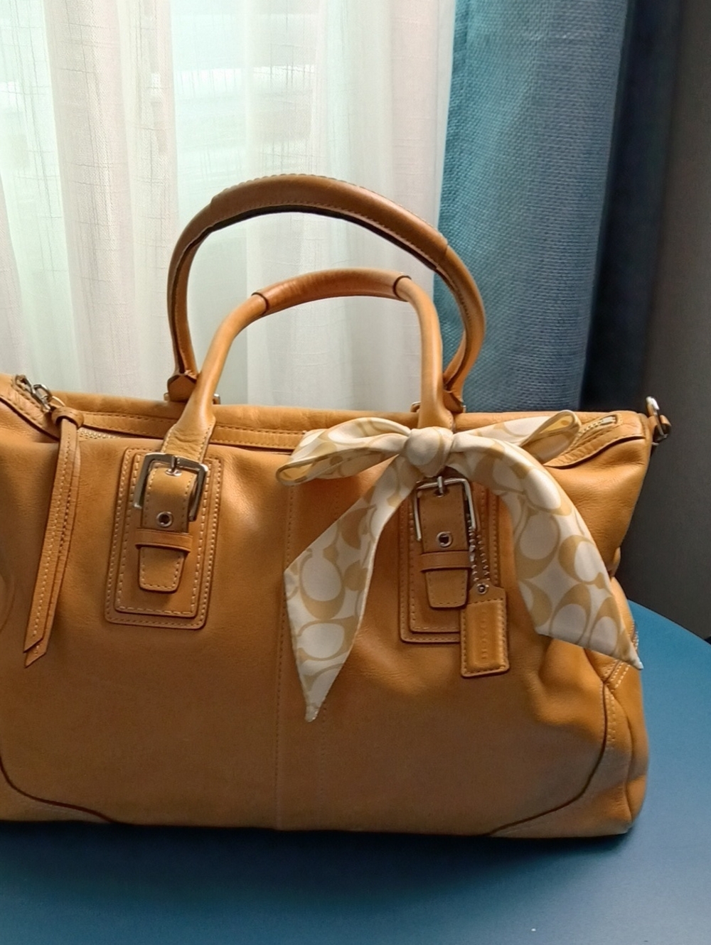 Coach CamelLeather Satchel with Signature Scarf